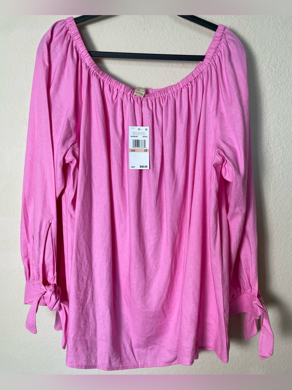 NWT Michael Kors Pink Off-Shoulder Linen Blend Blouse | Tie Sleeves - Picture 1 of 13